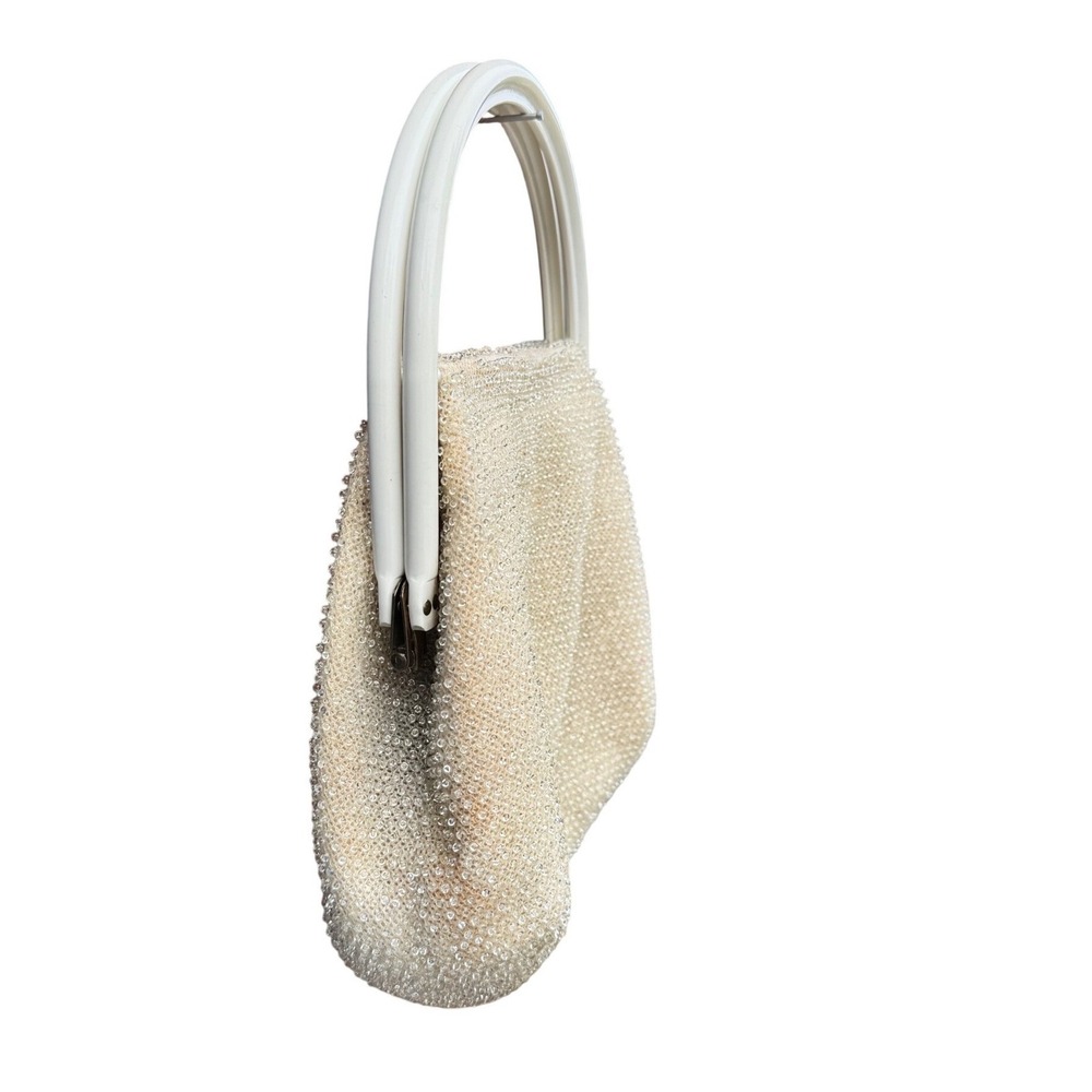 Vintage Cream Beaded Top Handle Evening Bag Mid Century Bridal Purse Off White - Picture 5 of 7